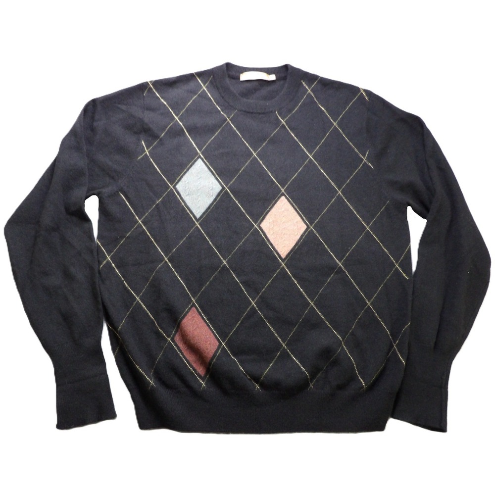 Raffi Cashmere Sweater Men L/G Black Argyle Crewneck 100% Cashmere Luxury Winter
